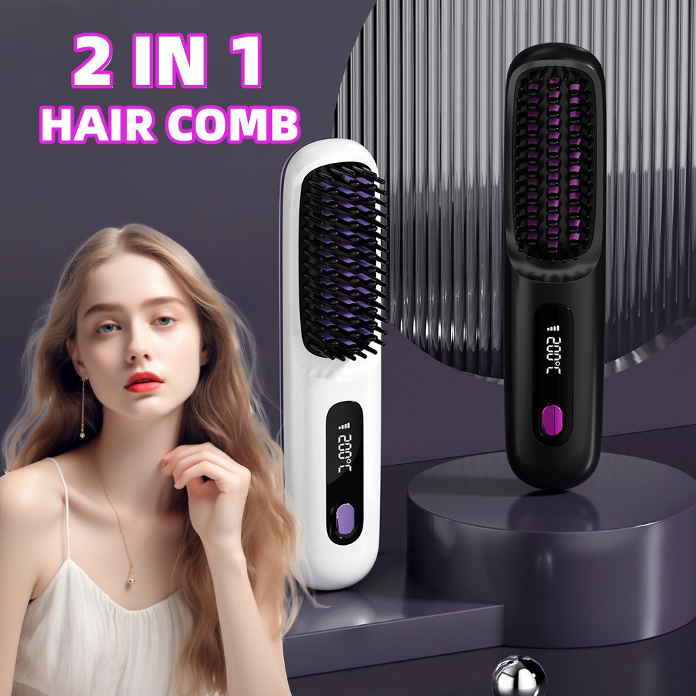 USB Rechargeable 2-in-1 Hair Straightening & Curling Brush
